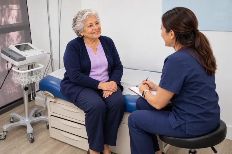 Illustrative white-haired woman discussing study information with a coordinator in Entrust’s blue-bed consultation room