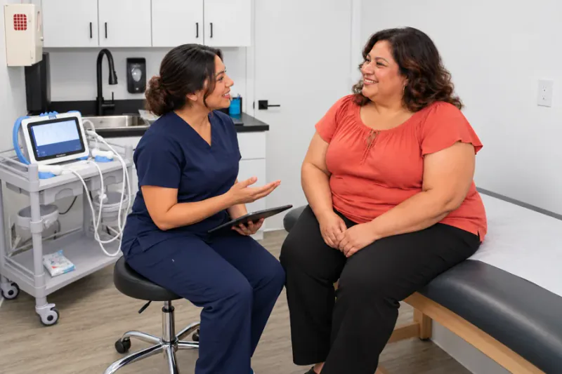 Illustrative plus-size woman in red speaking with a coordinator in Entrust’s FibroScan examination room